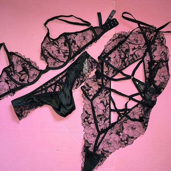 Victoria's Secret M,L TEDDY BODYSUIT ONE-PIECE BLACK lace satin Floral Embroider